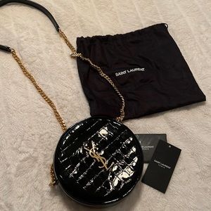 Yves Saint Laurent Round Quilted Crossbody in Black Patent Leather